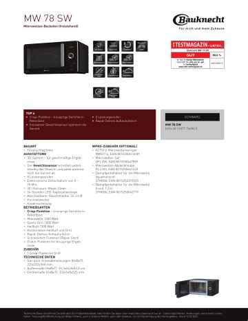 Bauknecht MW 78 SW Microwave Product Data Sheet Manualzz