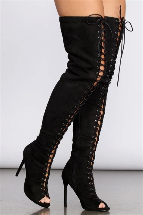 Peep Toe Lace Up Thigh High Stiletto Boots Stiletto Boots Thigh High