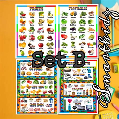 Laminated Educational Chart Set B Fruits Vegetables States Of Matter