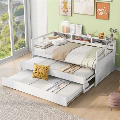 Twin Xl Solid Wood Daybed 3 In 1 With 2 Pull Out Trundles Side Shelves Night Light White