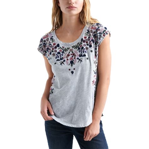 Lucky Brand Lucky Brand Womens Embroidered Embellished T Shirt