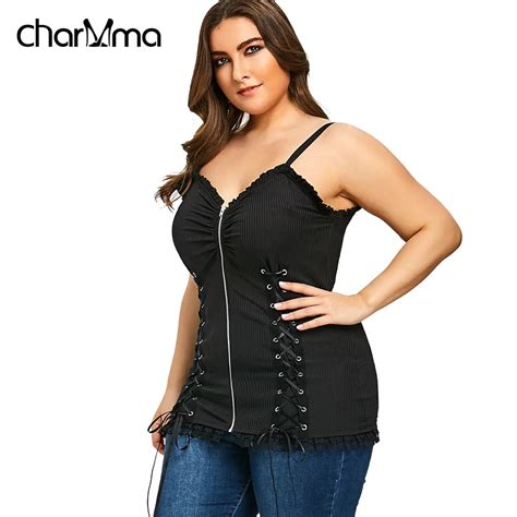 Women Tank Top Plus Size Slip Gothic Criss Cross Zipper Up Sexy Top