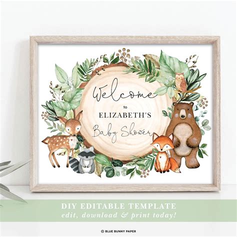 Editable Greenery Woodland Baby Shower Welcome Sign Rustic Etsy