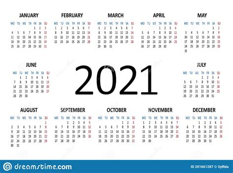 2021 Year Calendar Week Starts On Monday Stock Illustration