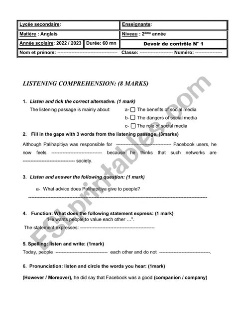 Mid Term 1 Test Second Form ESL Worksheet By Chaymouma