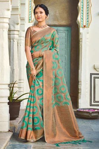 Admyrin Beautiful Turquoise Green Organza Woven Saree With Blouse Piece