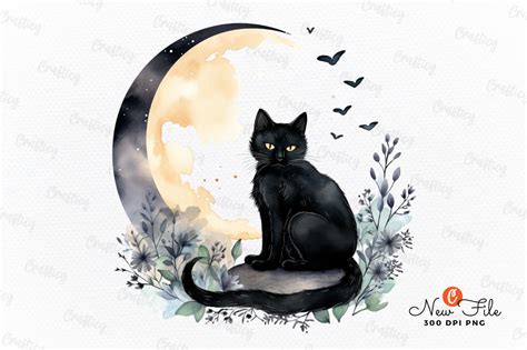 Black Cat And Moon Watercolor Clipart Graphic By Crafticy Creative