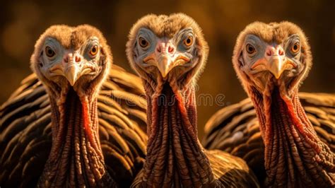 Three Turkeys Are Walking In The Yard At The Poultry Farm Stock