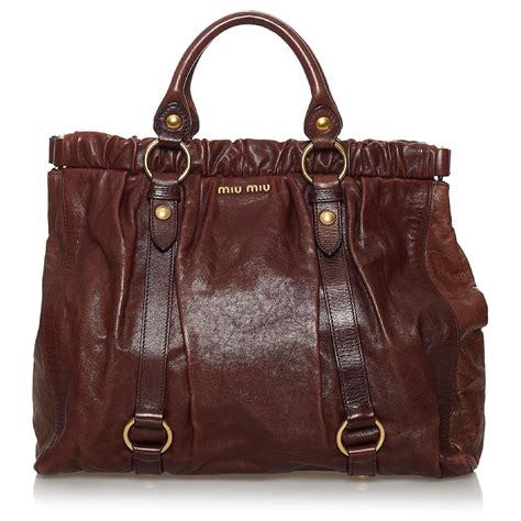 Miu Miu Brown Vitello Shine Tote Bag Dark Brown Leather Pony Style