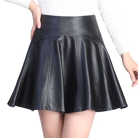 2018 New High Waist Faux Leather Flare Skirt Casual Pu Mini Skirt Above Knee Solid Color Black