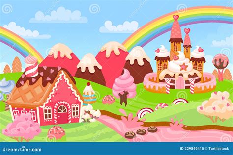 Cartoon Fantasy Candy Land Landscape With Sweet Castle Fairytale