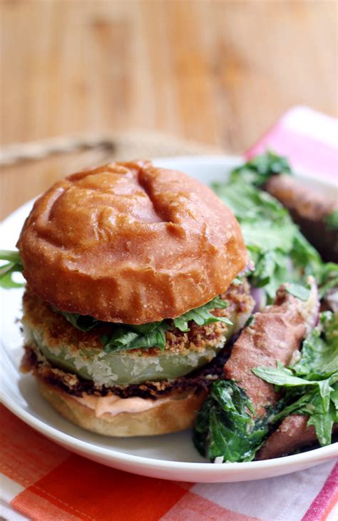 Fried Green Tomato Burgers With Miso Dressed Sweet Potato Salad Joanne Eats Well With Others