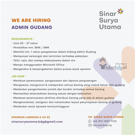 Loker Bandung Cv Sinar Surya Utama We Are Hiring Admin Gudang