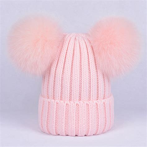 New Women Fox Fur Double Pom Pom Hat Knitte Beanies For Baby Etsy