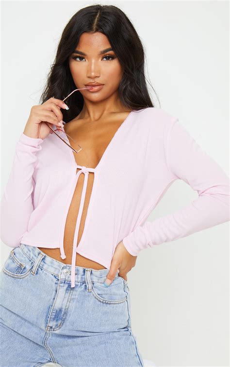 Baby Pink Rib Tie Front Long Sleeve Crop Top Prettylittlething Aus