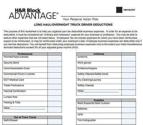 4 Printable Truck Driver Expense Owner Operator Tax Deductions