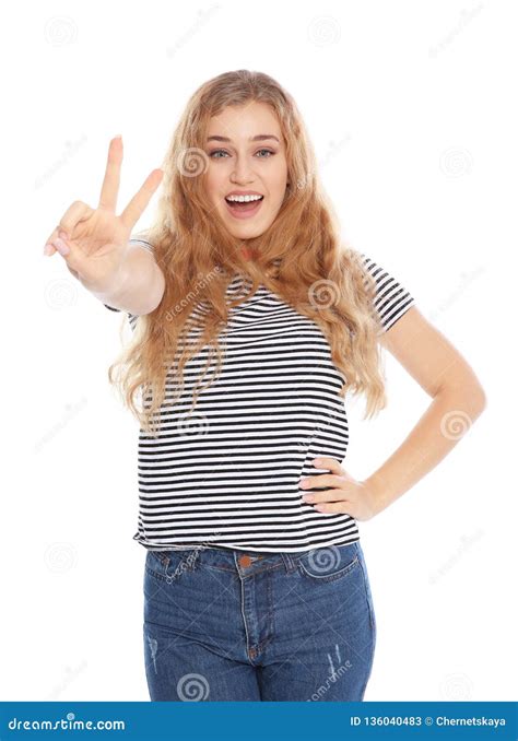 Happy Young Woman Showing Victory Gesture On White Stock Image Image