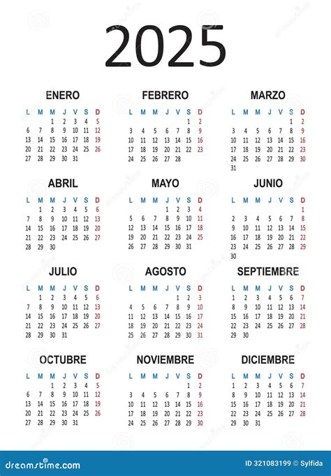 Spanish Calendar Year Week Starts On Monday Stock Vector