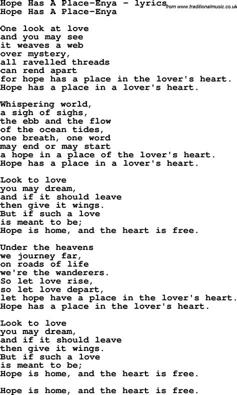 Love Song Lyrics for:Hope Has A Place-Enya