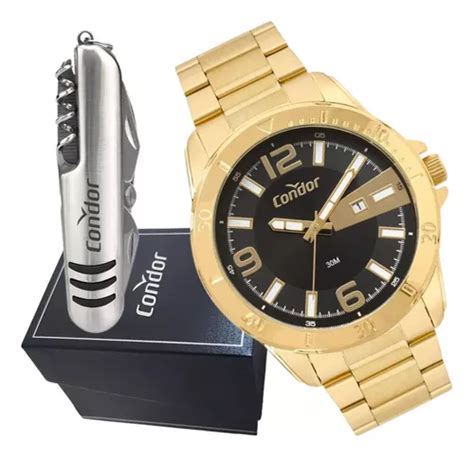Kit Rel Gio Masculino Condor Anal Gico Dourado Canivete