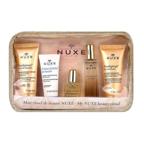 nuxe trousse de voyage ma beauté prodigieuse contient 5 mini soins à