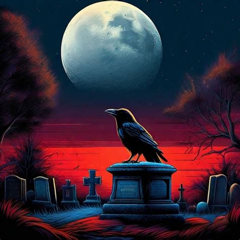 Cuervo Negro En El Cementerio Por La Noche Con Luna Llena Foto Premium