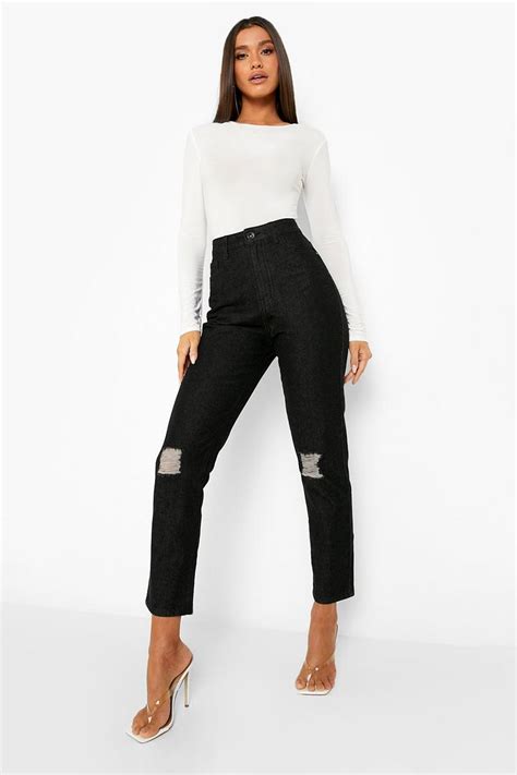 Womens Basics High Waisted Ripped Knee Mom Jeans Boohoo Uk