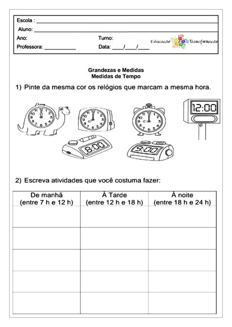 Atividade De Medida De Tempo 2 Ano Roaredu