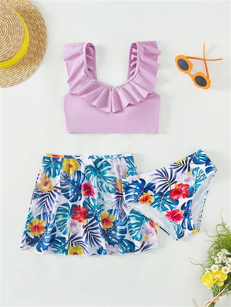 Tween Girl Tropical Print Ruffle Trim Bikini Set With Beach Skirt