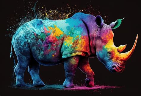 Premium Photo Painted Rhino With Paint Splash Painting Technique On