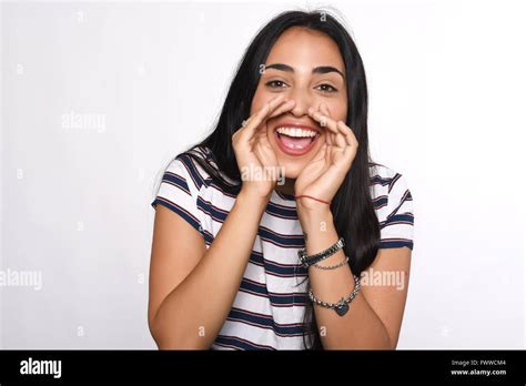 Beautiful Young Woman Shouting And Screaming Isolated White Background