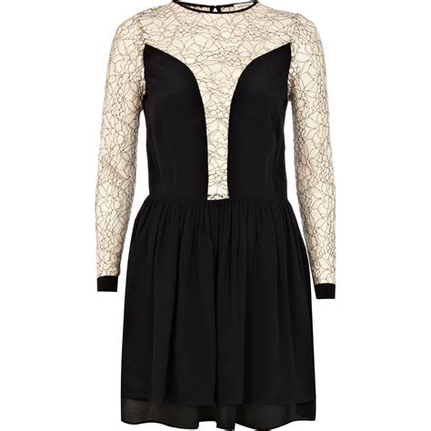 River Island Black Lace Insert Long Sleeve Skater Dress In Black Lyst