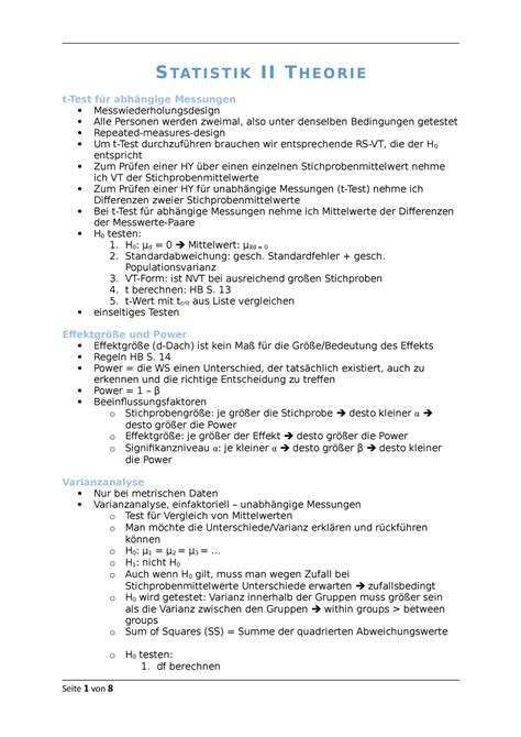 Statistik II Theorie STATISTIK II THEORIE t Test für abhängige