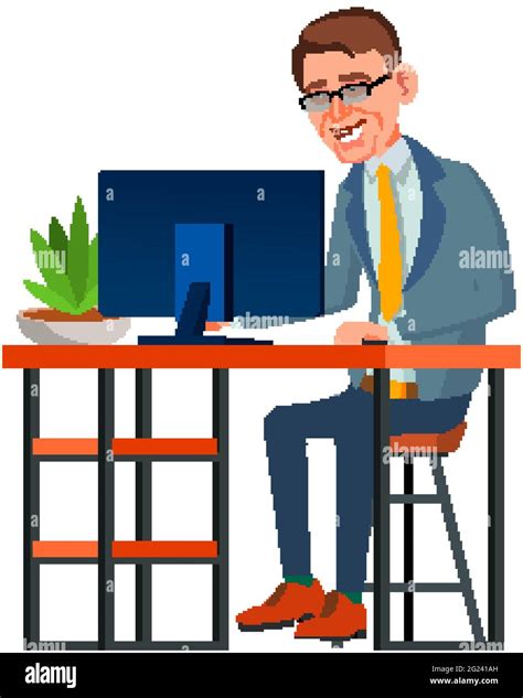 Happy Man Manager Working On Computer With Financial Report Cartoon