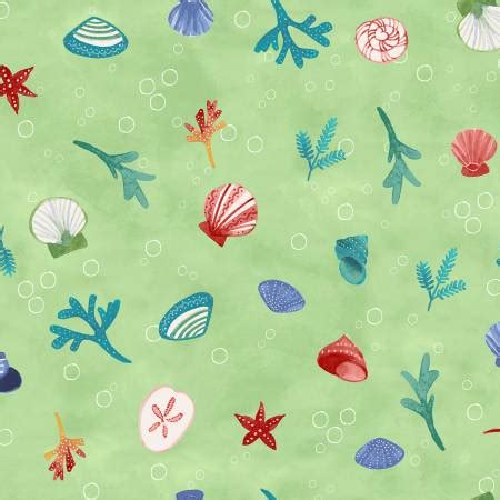 SPECIALTY FABRICS Sea Shells On Green Sanibel By Sue Zipkin For