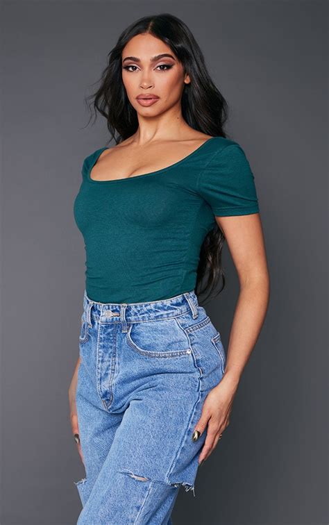 Teal Cotton Short Sleeve Backless Crop Top Prettylittlething Usa