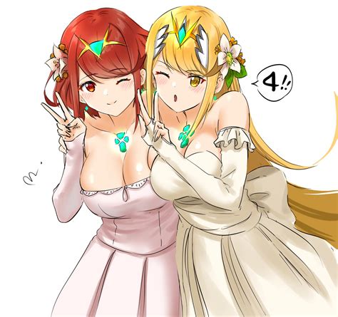 Pyra and Mythra celebrate 4th anniversary with wedding outfits for Rex : r/ChurchOfPyra