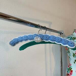 Crochet Covered Wooden Clothing Hangers Pair Blue Green Vintage S