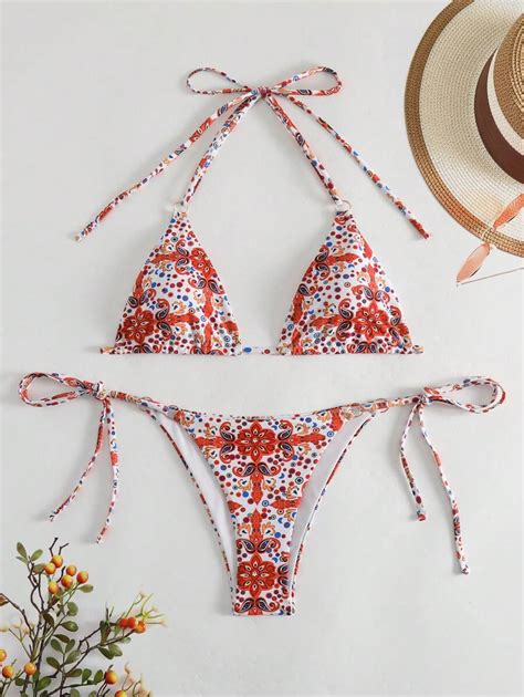 Paisley Print Triangle Tie Side Bikini Swimsuit Shein Usa