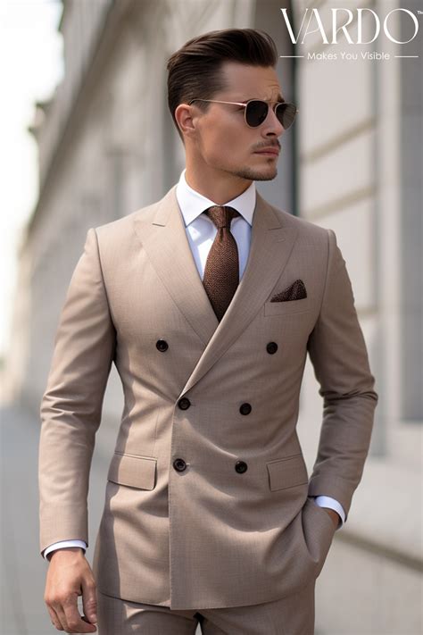 Classic Light Brown Double Breasted Suit For Men Vardo