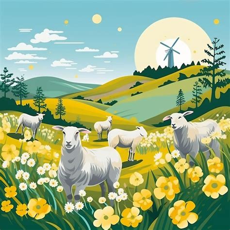 Premium AI Image | a painting of sheep in a field with a windmill in ...