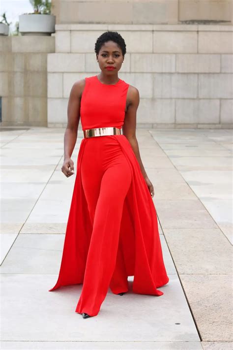 Red Formal Jumpsuit With Skirt Overlay Peryrec