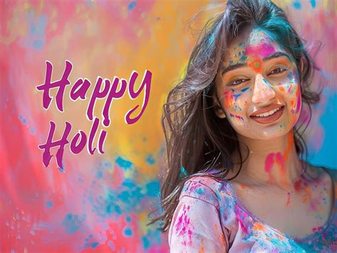 Premium Photo Holi Festival Poster Woman Smiling With Happy Holi Text