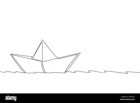 One Continuous Line Drawing Of Paper Boat Sailing On The Water River Origami Craft Concept