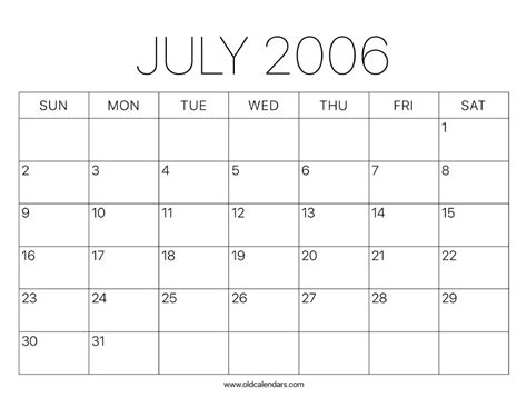 2006 Calendar July Printable Old Calendars