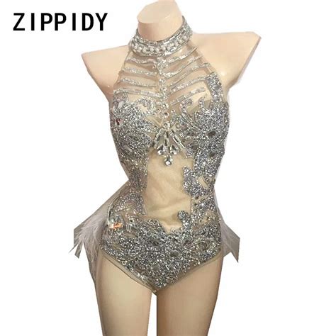 Glisten Silver Rhinestones Mesh Bodysuit Womens Dance Party Wear Nightclub Female Singer Show