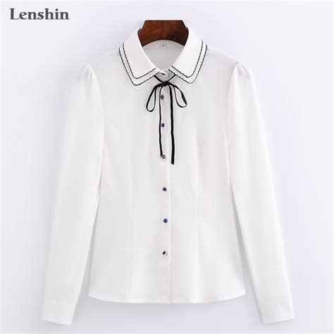 Lenshin White Tie Shirt Women Tops Long Sleeve Bow Blouse Female Casual