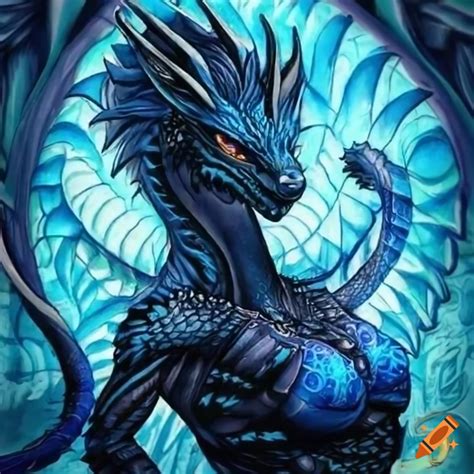 Blue And Black Dragon Furry Mom With Intricate Tattoos In Cathedral Art