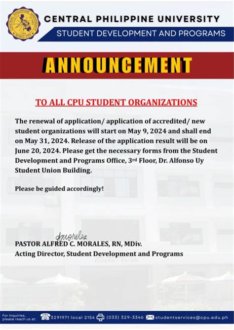 Announcement To All Cpu Student Organizations Central Philippine