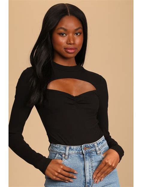 Buy Lulus Flirty Factor Black Ribbed Long Sleeve Cutout Bodysuit Online